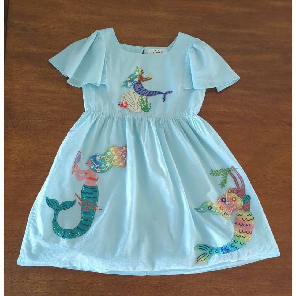 Mini Boden Girl's Flutter Sleeve Applique Dress Iced Aqua Mermaids size 9/10 GUC
